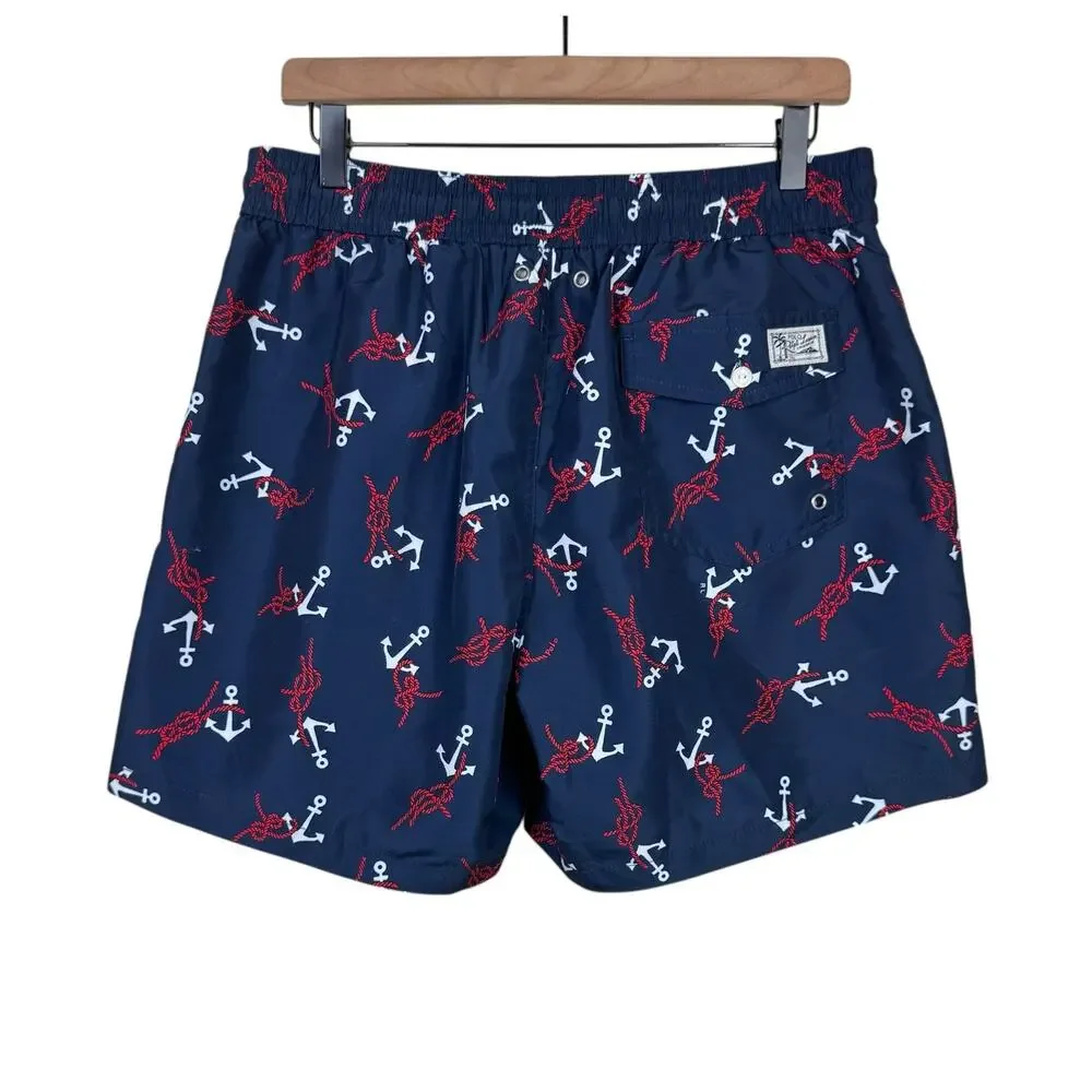 Polo Ralph Lauren Nautical Anchor Print Elastic Waist Swim Trunks Shorts Pockets